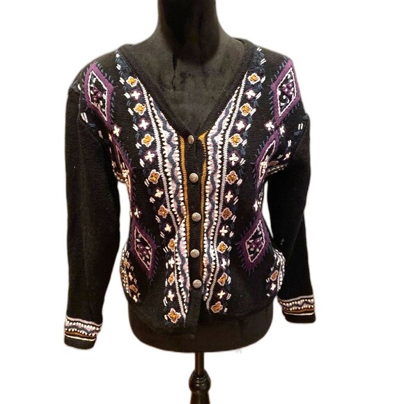 Vintage Christopher & Banks Sweater Cardigan Black Hand stitched Embroidery Med - Picture 1 of 12